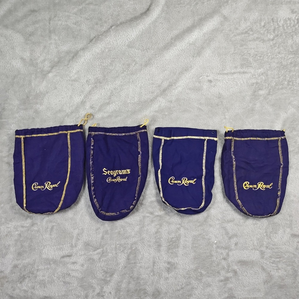 Vintage Crown Royal Bags Lot of 4 Purple Gold Felt Seagrams Drawstring Pouch